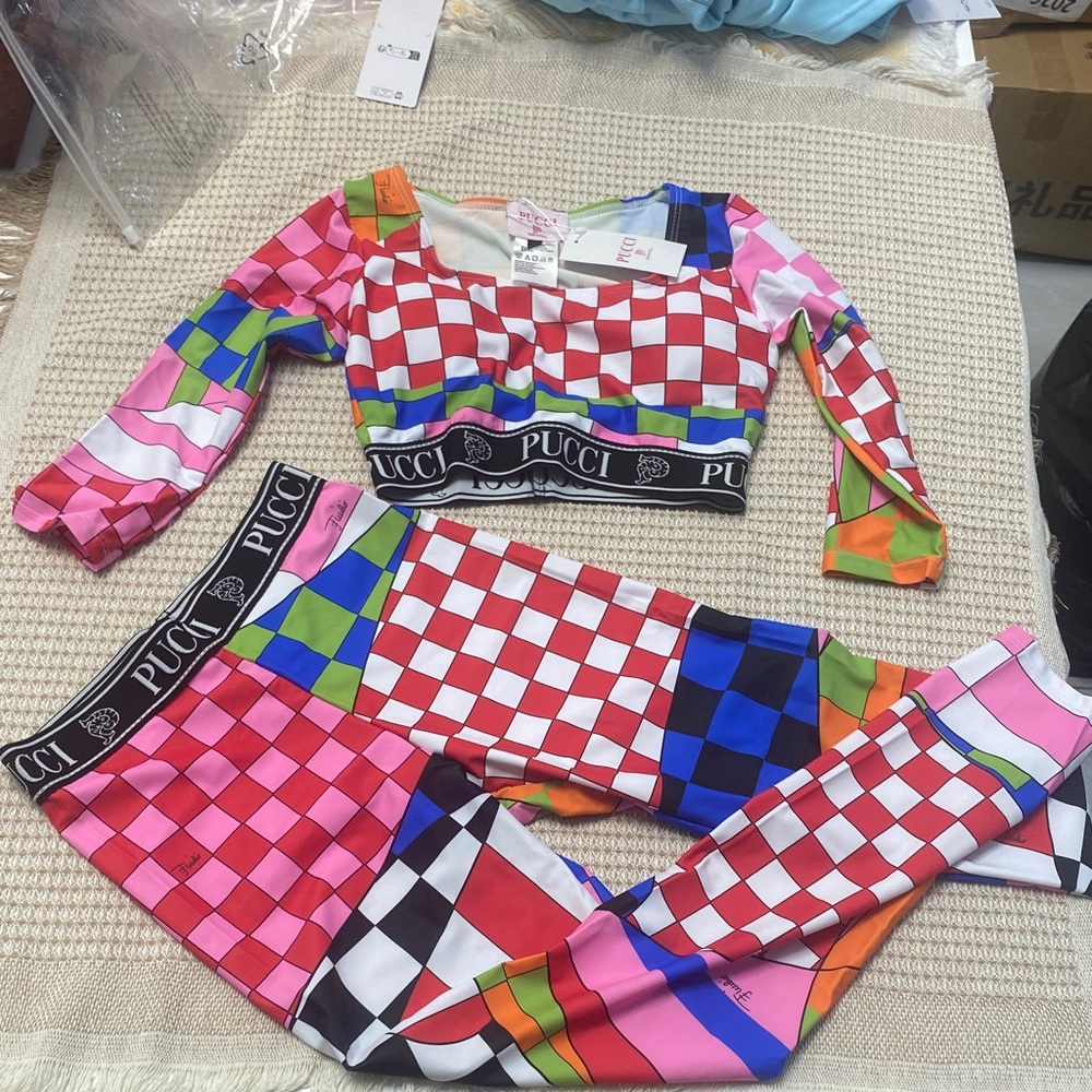 Emilio Pucci Multicolor Checkerboard Crop Top in Red, Pink, Blue, Green, Orange